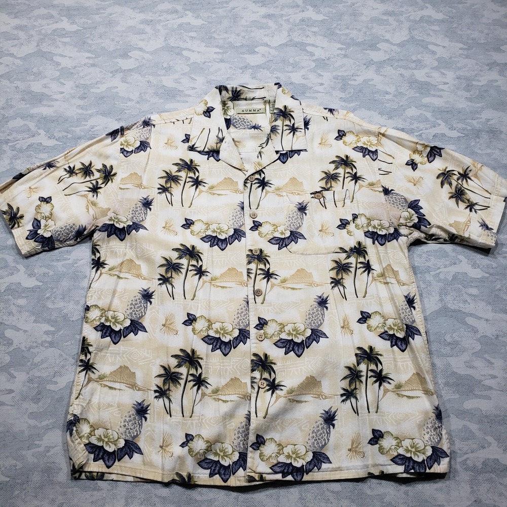 Summa Hawaiian Shirt Mens XL Tan Short Sleeve Marlin Button Up Palm Tree